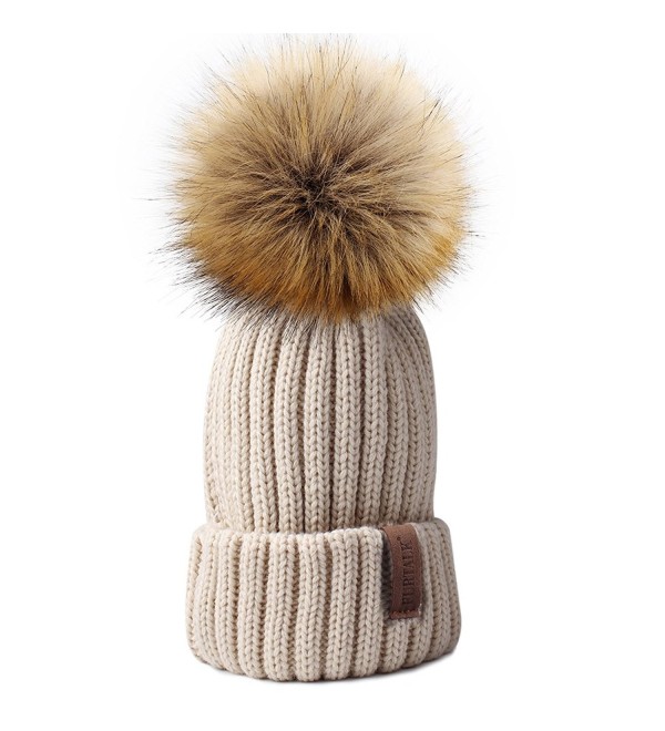 FURTALK Womens Knitted Winter Pom Beanie Hat Faux Fur Pom Pom bobble Hat beanie for girls - Beige - CJ185UEZLZ5