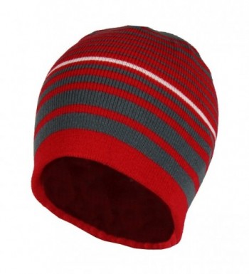 2 in 1 Reversible Striped & Solid Knit Beanie Hat - Winter Snug Fit Skull Cap - Red/Grey - CN186409H26