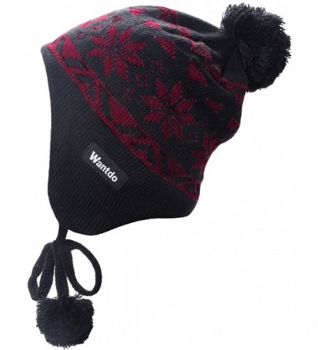 Wantdo Unisex Knitted Ski Winter Hat Crochet Snowflake Pattern Beanie with Pom - Anthracite/Wine - CQ12N1YAJ3P