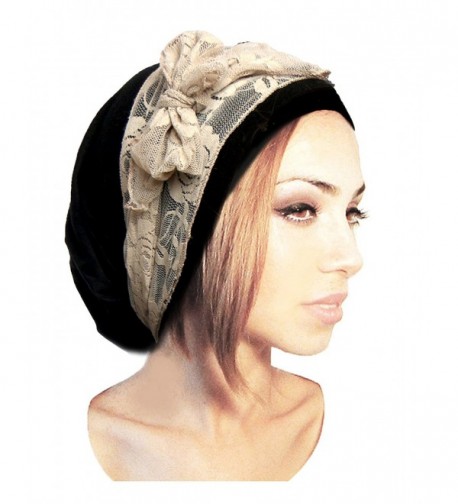 ShariRose Black Pre-Tied Head Scarf Boho Chic Bandana Tichel Vintage Cream Lace Wrap - 076 - CJ11XKXNKSF