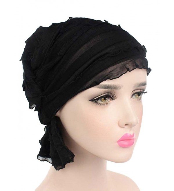 EachWell Women Pleated Ruffle Stretch Turban Hat Hair Wrap Cover Up Sun Cap - Black - CT185OUR89N
