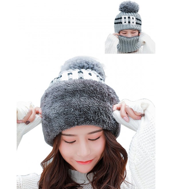 WFLB Womens Warm Scarf Earflap Hood Scarves Beanie Hat Fleece Lined Knit Winter Skull Cap Cuff Beanie - Grey - C3188KOMETL