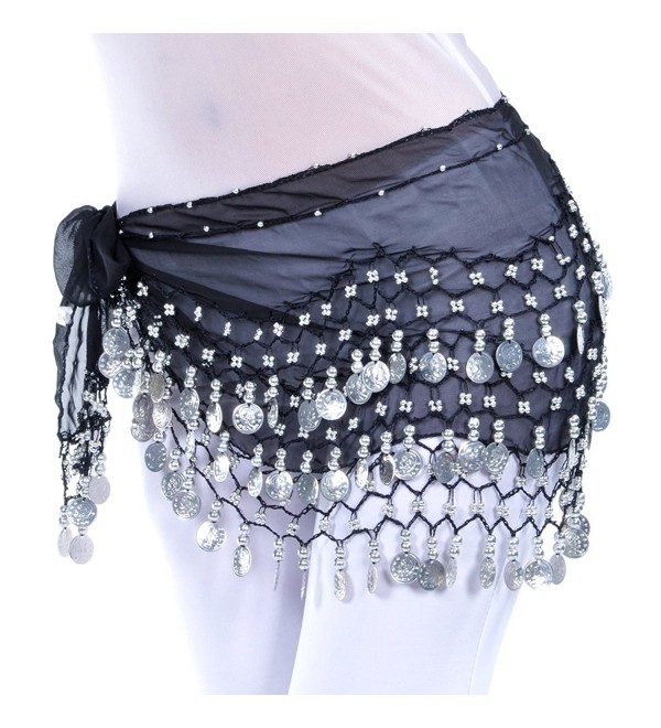 Dance Fairy Belly Dance Scarf with Three Layers 128 Silver Coins - Black - CT11FDSTJHL