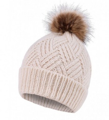 Women's Diamond Weave Knit Faux Fur Pompom Winter Beanie - Cream - CY18833R7IG