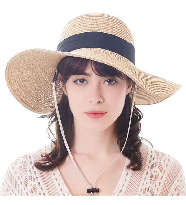 Sun Women Straw Hat UPF 50+ Beach Finshing Hats for Women Bucket Hat with Neck Cord - Wide Brim-beige - CQ180RLCT2N