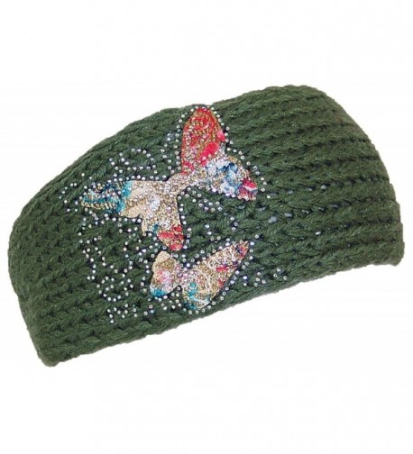 Best Winter Hats Womens Knit Headband W/Butterfly Applique & Rhinestones (One Size) - Green - CJ125W14IJ7