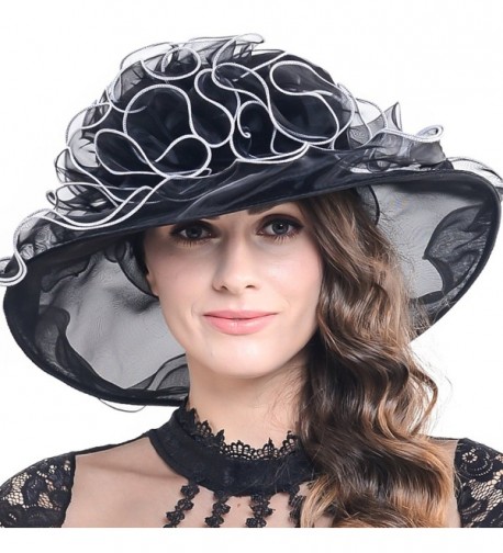 Women Kentucky Derby Church Dress Organza Hat Wide Brim Flat Hat (8 Colours) - Sm019-black - C612BSC25H1