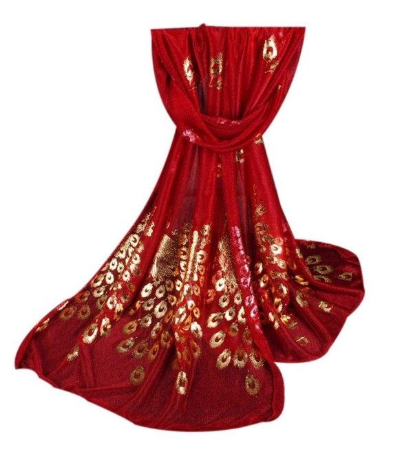 Deamyth Women Chiffon Scarf Peacock Printing Gold Stamping Long Wrap Shawl Scarves - Red - C012NDW4G1P