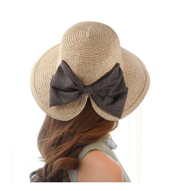 Aerusi Women Straw Woven Bowknot Decor Panama Summer Beach Sun Hat Trilby Fedora - Beige - CR18320IEU9