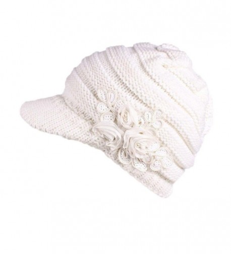 Elogoog Women Winter Beanie Knit Hat Warm Wool Snow Ski Caps Berets With Visor - White (Sequins Flower) - CZ1880EUMRE
