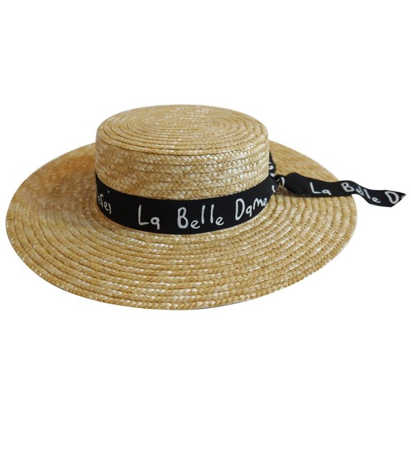 MAISON DE COCO Wide Brim 100% Natural Straw Adjustable Hat with Letter Scarf Panama Hat - Black - C412JHEM0FT