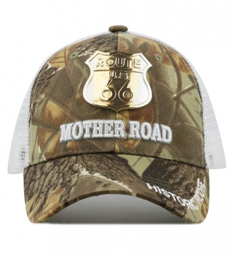 The Hat Depot 1100 Route Us 66 Mother Road Metal Logo Trucker Baseball Cap - Maple camo - CQ12CWYS87Z