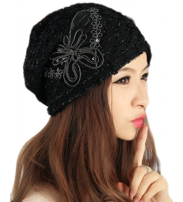 Qunson Womens Lace Sequin Butterfly Beanie Hat Cap Turban - Black - CI127J3EO45