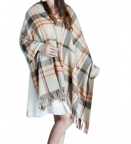 Choies Women's Plaid Print Button Fringed Shawl Cape Wrap Scarf - Camel - CL1294R9FPH