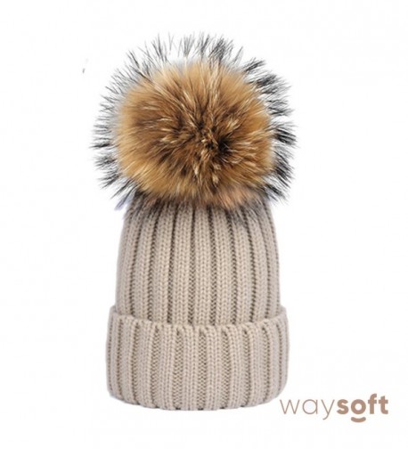 WaySoft Womens Winter Crochet Knit Hat Wool Knitted Beanie With Faux Fur Pom Pom Bobble Ski Cap - Beige - C91805X4G6R