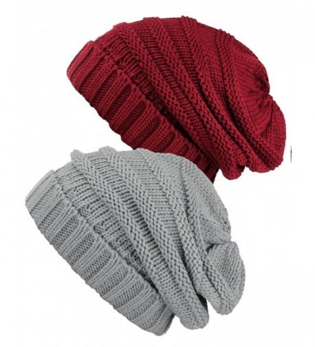 NYFASHION101 Oversized Baggy Slouchy Thick Winter Beanie Hat - Burgundy & Natural Gray - C41869KKLYW