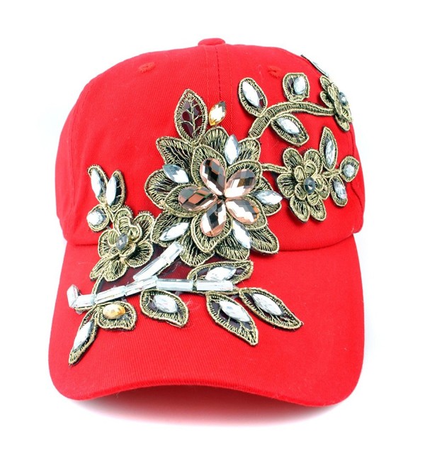 Elonmo Flowers Baseball Rhinestone Adjustable - Red - CE182L6DCHQ