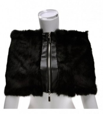 ZLYC Women Luxurious Elegant Simple Rex Rabbit Fur Wrap Shawl with Zipper Detail - Black - CL125DDWTVD