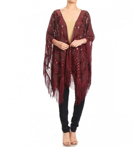 Anna-Kaci Womens Oversized Hand Beaded and Sequin Evening Shawl Wrap with Fringe - Burgundy - CB180MZNXZC