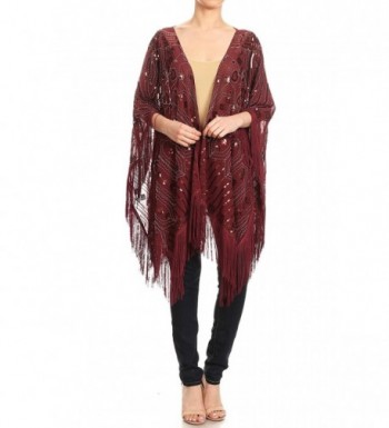 Anna-Kaci Womens Oversized Hand Beaded and Sequin Evening Shawl Wrap with Fringe - Burgundy - CB180MZNXZC