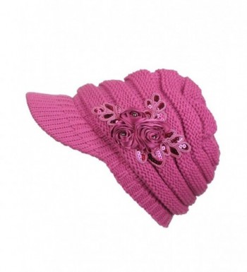 Women's Knit Newsboy Hat with Satin Flower - Fuchsia - C6120240OAF