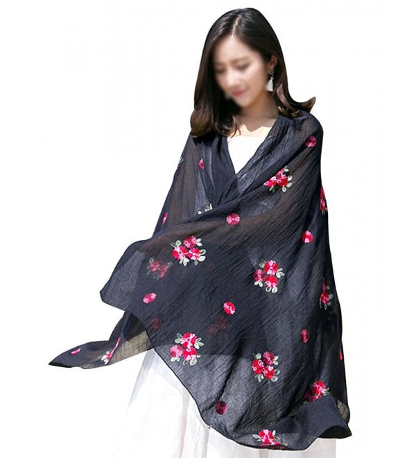 Women Exotic Style Floral Embroidery Silk Scarf Cotton Linen Pashmina Shawl Wrap Scarves - Black - CW184WIQKRT