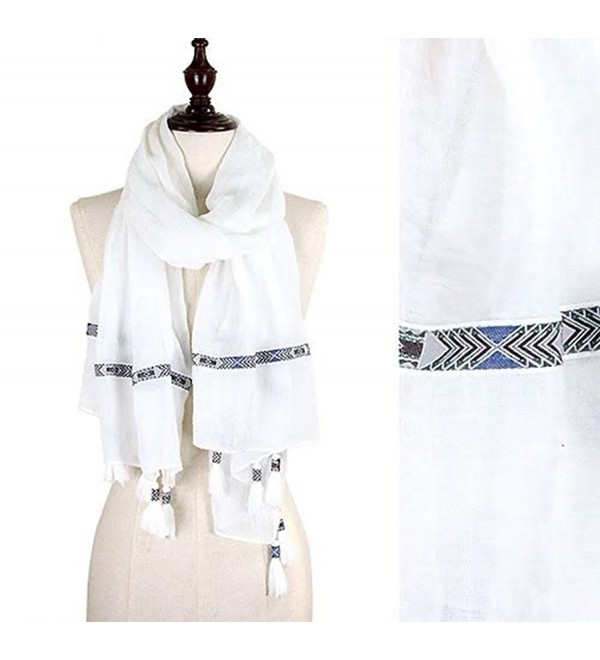 StylesILove Tribal Ribbon Tassel Wrap Scarf- 3 Colors - White - CR12CJM0Q6L