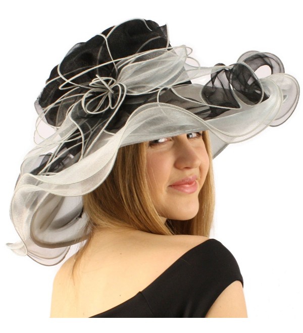 Fancy Kentucky Derby Floppy Ruffle Organza 2 Tone Flower Church Hat - Black - CH11CGWD3NN