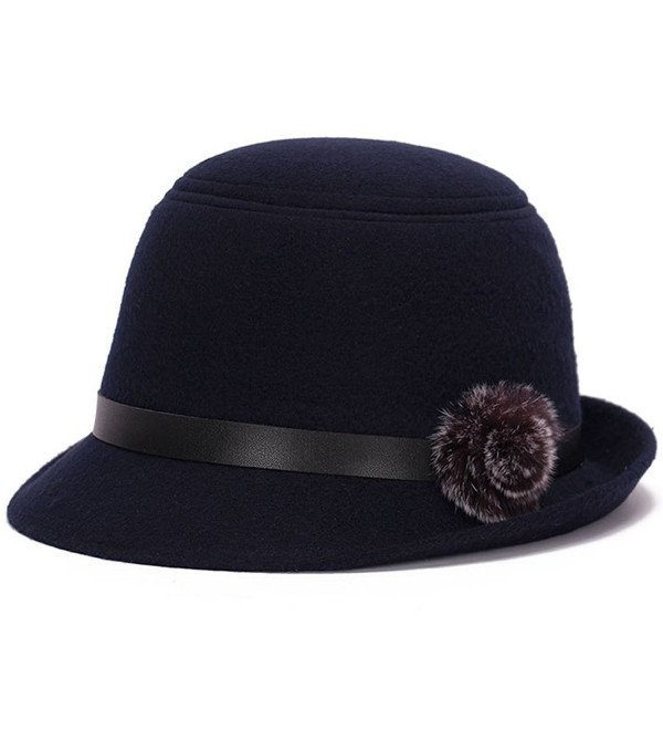 YING LAN Girls Women Vintage Style Women Lady Imitation Wool Felt Party Princess Hat Cap With Hairball - Navy - CH186XSGWT6