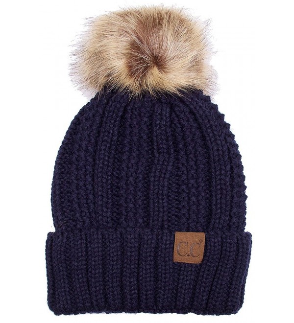 ScarvesMe Exclusive CC Knitted Hat with Fuzzy Lining with Pom Pom - Navy - CP12K7GMB6J