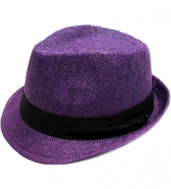 Livingston Unisex Summer Straw Structured Fedora Hat w/Cloth Band - Purple - CD189YRTMZO