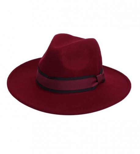 100% Wool Fedora Hat Vintage Bowler Hats Wide Brim Hat for Women - Wine Red - C31866W3QR0