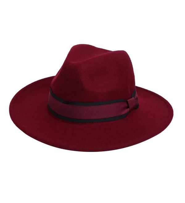 100% Wool Fedora Hat Vintage Bowler Hats Wide Brim Hat for Women - Wine Red - C31866W3QR0