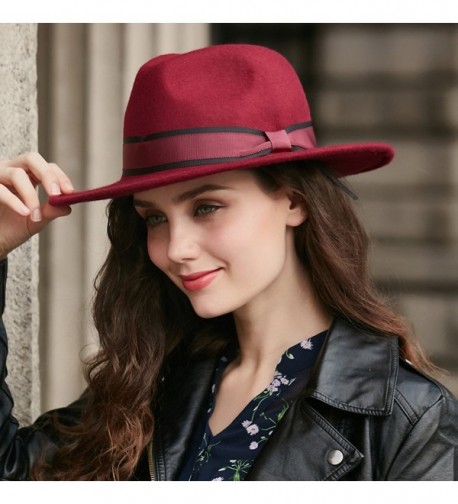 100% Wool Fedora Hat Vintage Bowler Hats Wide Brim Hat for Women Wine Red  C31866W3QR0