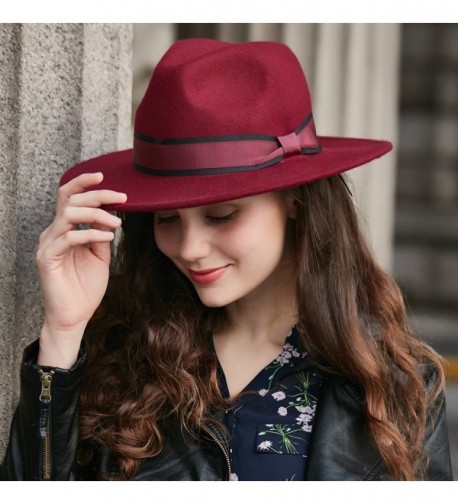 100% Wool Fedora Hat Vintage Bowler Hats Wide Brim Hat for Women Wine ...