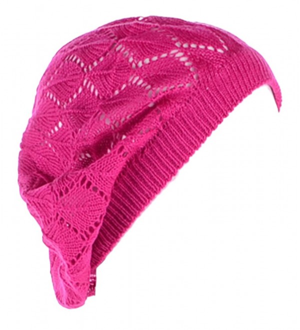 Be Your Own Style BYOS Womens Airy Cutout Lightweight Leafy Crochet Beret Beanie Hat (Fuchsia Leafy) - CQ12N27F6FW