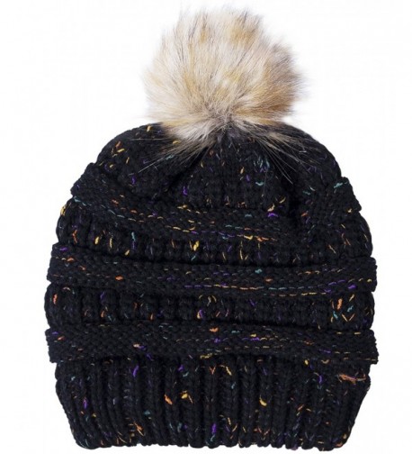 Amandir Confetti Knit Beanie - CC Style Ribbed Cable Knit Pom Pom Beanie Hat - Black - CE188TE9UKG