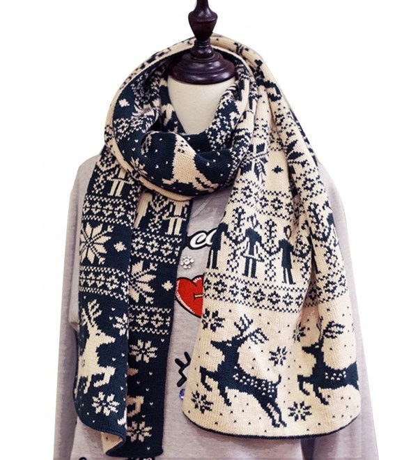 Rebecca Women Knitting Scarf Christmas Reindeer Snow Flake Shawl Blanket - Navy Blue - CJ188CTGTR3
