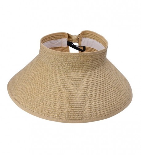 JTC Women Straw Sun Hat Adjustable Beach Cap Roll up Open Top Visor - Beige - CY11KU7SWOV