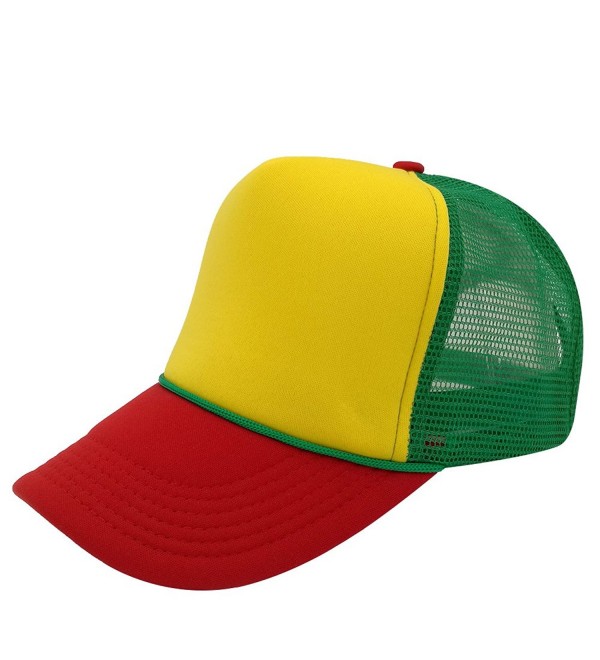 Unisex Plain Baseball Cap Trucker Mesh Hat Adjustable Snap Back with Rope Front - Green Mesh/Yellow/Red Bill - C2185KERNIC