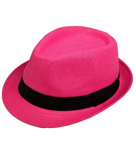 Unisex Classic Fedora Straw Hat with Black Band - Hot Pink - C912GXJ59PJ