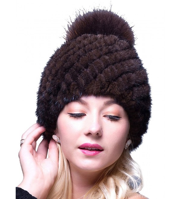 LITHER Thick Winter Genuine Knit Mink Fur Hat with Fox Fur Pom Pom Beanie Winter Warm Cap New Bonnet - Brown - CW12N7CZ83O
