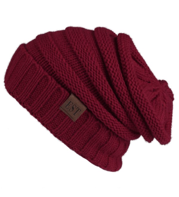 Eternities Unisex Warm Chunky Stretch Cable Thick Knit Slouchy Beanie hat Skull Cap - Claret Red - CE1872OHCT6