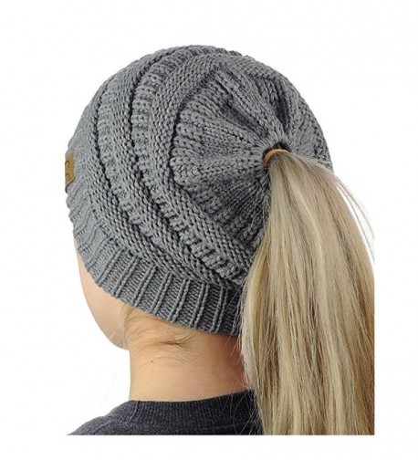 Women's Warm Cable Knitted Messy High Bun Hat Beanie With Hole For Pony Tail Skull Cap - Grey - CR188IUGY4M