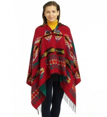 Women's Aztec Winter Hooded Poncho Cape Sweater Knit Shawl Wrap Red ...