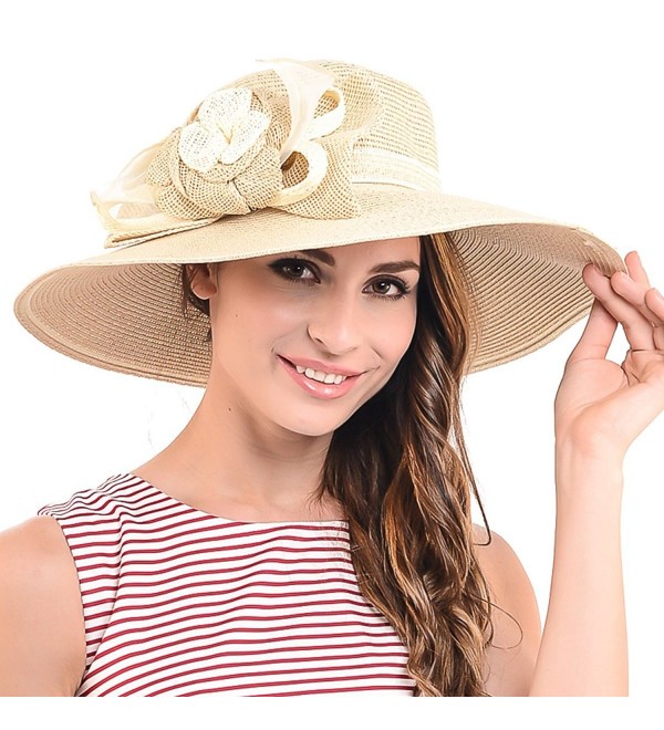 Fanny Straw Kentucky Derby Church Dress Wedding Floral Beach Sunhat - Premium Quality-khaki - CN12BX3NFNX