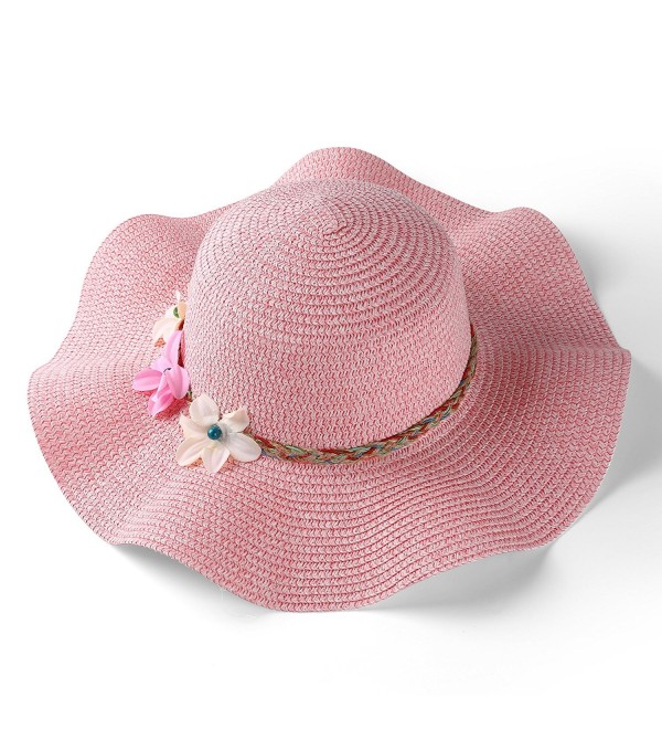 Aerusi Women's Wavy Brim Straw Woven Flower Band Summer Beach Floppy Sun Hat - Pink - C8182XX95M5