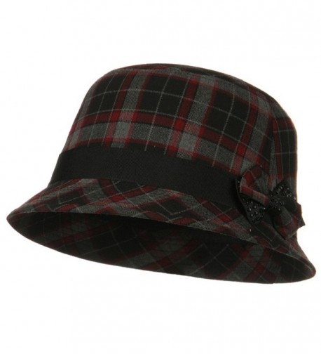 Plaid Wool Felt Cloche Hat with Bow Tie - Red Plaid - CH11FIUGXQT