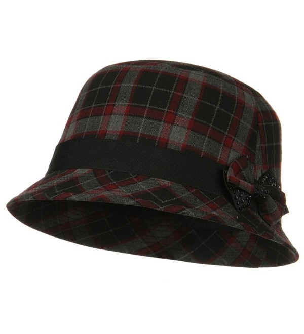 Plaid Wool Felt Cloche Hat with Bow Tie - Red Plaid - CH11FIUGXQT