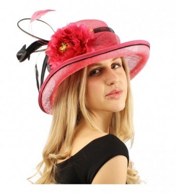 Victorian Sinamay Quill Feather Floral Cloche Bucket Cloche Church Hat - Fuchsia - C312COZFIJ3